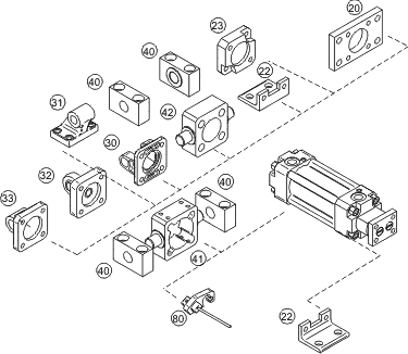 Accessories for double acting cylinder with double piston rod to VDMA 24562, NF E 49003.1