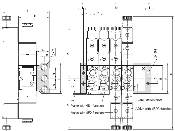 Dimensions of manifold assembly of valves series MVSE